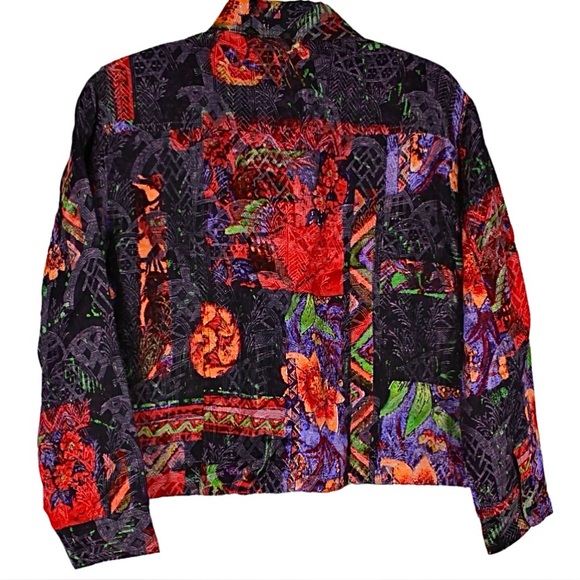 🩸Chicos Multicolor Silk Linen Blend Lined Collared Pockets Lightweight Jacket L - Picture 2 of 13